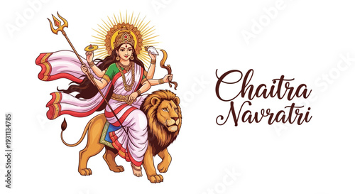 A vibrant illustration of Goddess Durga riding a lion, symbolizing the Hindu festival of Chaitra Navratri, with a radiant sunburst and traditional Indian attire, against a clean white