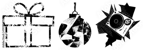 Black and white vector of holiday gift, abstract bauble, and turntable, halftone texture, isolated graphic design elements.