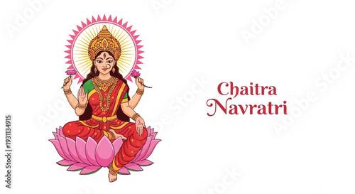 Illustration of Goddess Durga sitting on a pink lotus flower with a radiant halo, symbolizing the Hindu festival of Chaitra Navratri, a Spring celebration of worship and devotion.