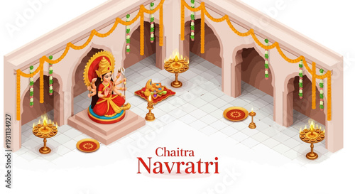 Isometric illustration of a Hindu temple interior with Goddess Durga for Chaitra Navratri festival, featuring traditional Indian decorations and rituals in a vibrant, spiritual setting.
