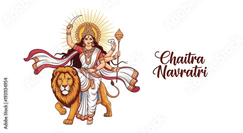 Illustration of a Hindu goddess riding a lion with a halo, surrounded by flowing fabric, representing Chaitra Navratri, a Spring Hindu festival in India.
