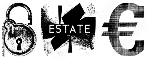 Graphic featuring a distressed padlock, bold “” text with abstract shapes, and euro symbol, all rendered in gritty halftone style. Real, finance, security, and currency symbols.