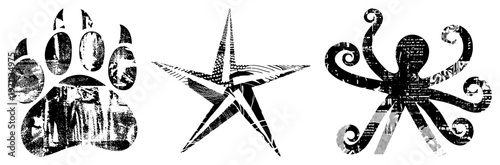 Grunge halftone animal prints including bear paw, starfish, and octopus, ideal for tattoo or graphic design, bold black vector with distressed texture.