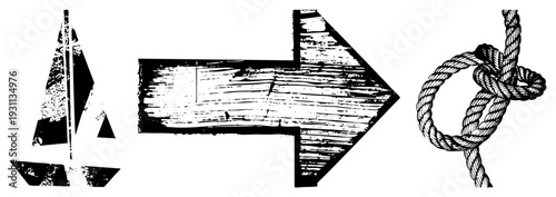 Weathered arrow sign, sailboat silhouette, rope knot illustration, distressed vector, rustic navigation symbols, nautical direction markers, handmade texture graphics.