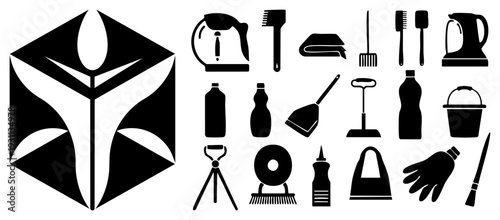 Abstract leaf emblem, cleaning implements, household maintenance symbols, vector, minimalist design, black and white graphic, utility tools.