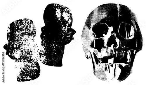 Vector skulls rendered in halftone dot, side profile and frontal views, graphic design elements, punk or gothic aesthetic, isolated illustrations.