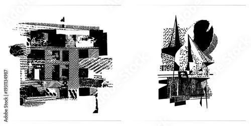 Stylized architectural forms and sailboat shapes rendered with halftone textures, graphic art, vector illustration, black and white composition, abstract design.