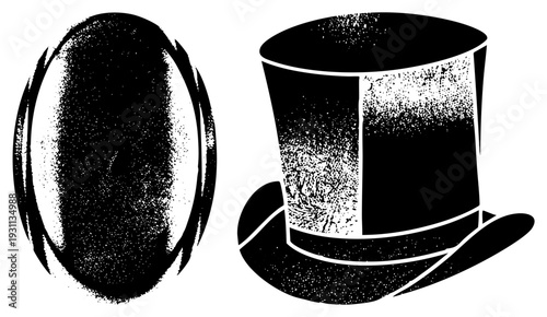 Vintage top hat with brim and band, oval form with halftone shading, vector graphic, formal headwear silhouette, stylized illustration.