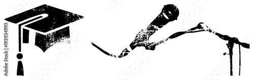 Academic cap with tassel, student speaker at podium, graduation ceremony, educational milestone, commencement event, scholarly achievement, diploma celebration.