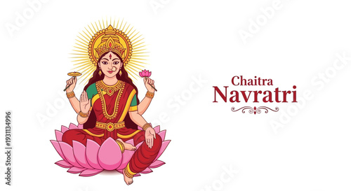 Illustration of Goddess Durga sitting on a pink lotus flower with traditional Indian attire and jewelry, symbolizing Chaitra Navratri festival, a Hindu Spring celebration.