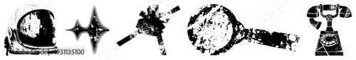 Distressed black and white vector astronaut helmet, rotary phone, satellite, magnifying glass, soundwave, grunge texture, retro tech symbols.