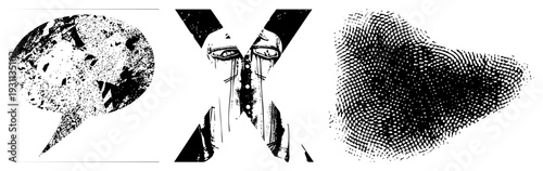 Black and white halftone forming speech bubble, stylized X, and fluid organic shapes. Graphic design elements with gritty texture, vector art, aesthetic.