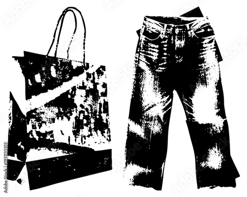 Graphic illustration of a textured tote bag and ripped denim jeans, halftone style, fashion accessories, streetwear outfit, urban apparel.