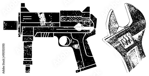 Stylized black and white vector of firearm and tool, halftone texture, gritty illustration, mechanical design, isolated objects.