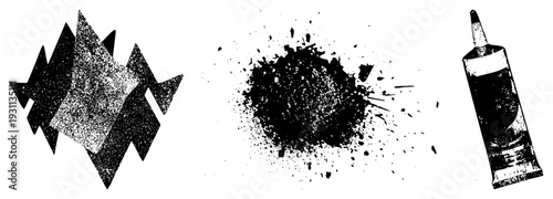 Abstract ink splatter texture, geometric ink drip, glue tube silhouette, halftone vector art, graphic design elements, illustration.