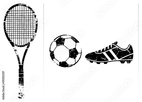 Distressed black and white vector of tennis racket, soccer ball, and cleat, stylized sports equipment, athletic gear, graphic design elements, sport symbols.