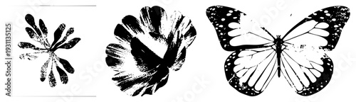 Abstract halftone butterfly with spotted wings, textured flower bloom, and leafy radial shape, rendered in vector art with distressed brushstroke effect.