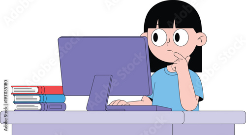 Cartoon character of a young girl student studying at a desk with computer and books for education online learning and freelance work concept.