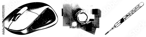Classic computer mouse with scroll wheel, mechanical gear, and analog thermometer rendered in halftone, vector graphic, isolated elements.