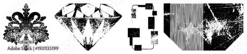 Black and white vector designs fleur de lis emblem, faceted diamond, circuit schematic, striped texture. Flat graphic elements with distressed grain effect.