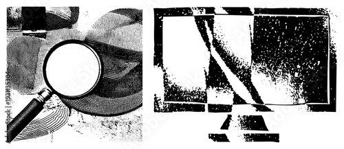 Close up of magnifying glass inspecting detailed texture, paired with stylized monitor graphic, halftone vector art, isolated digital inspection tool.