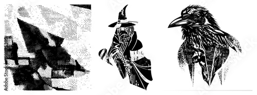 Black and white halftone wizard with pointed hat and intricate, stylized raven with textured feathers, vector art with dot shading, isolated graphic design elements.
