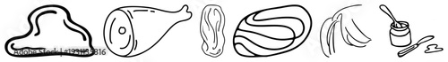 Sketch style food including meat cuts, ham, bacon, ribs, bananas, and butter with knife, minimalist drawing, culinary symbols, food vector art.