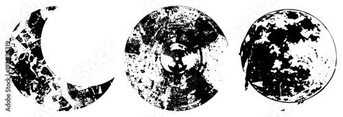 moon, full moon, and gibbous moon illustrated with gritty halftone texture, vector art, celestial symbols, astronomy graphic, lunar cycle visual.