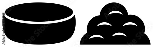 Black silhouette hockey puck with white rim, stylized poop with curved segments, vector graphic, isolated symbols, flat design, sports and humor.