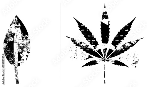 Distressed leaf and teardrop leaf vector, stencil style graphics, urban street art motifs, gritty texture, design.