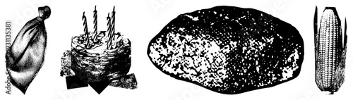 Black and white halftone print of festive gift bag, candle lit cake, textured rock, and corn cob, classic vector art style.