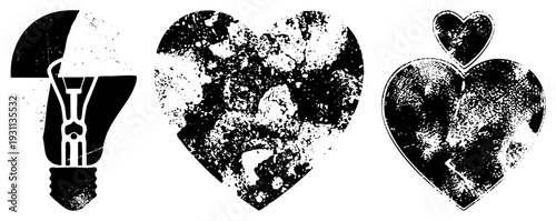 Three stylized lightbulb, cracked heart, and broken heart with splintered texture,, distressed design, graphic elements, symbolic.