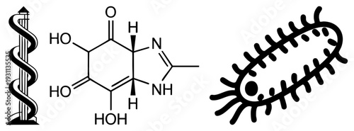 Scientific vector depicting DNA double helix, caffeine chemical structure, and rod shaped bacterium with flagella. Educational, medical, or biology themed graphic elements.
