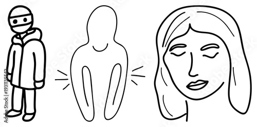 Simplified art morphing from masked hooded person to abstract form to peaceful female, minimalist sketch, emotional transition, character evolution.