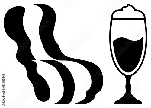Beer glass with frothy head emitting wispy, draft beverage, bar menu symbol, pub drink illustration, flat vector silhouette.