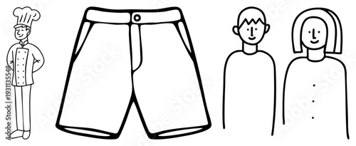 Simple drawing of chef, swim trunks, male and female figures, minimalist vector, style, fashion illustration, character design.