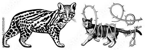 Ocelot with spotted coat standing alert, cat in vines, stylized wildlife art, black ink drawing, animal illustration.