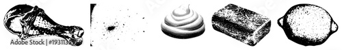 Black and white halftone illustrations of chicken drumstick, whipped cream, bar soap, and lemon. Stylized food and household items with dot texture. Graphic design elements for print or web.