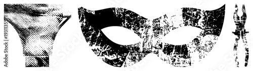 Retro stylized mask with halftone texture, utility pliers, and funnel graphic, isolated vector elements for design, flat silhouette with distressed grain effect.