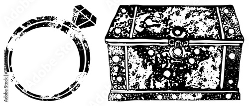 Antique chest filled with gems, wedding band with solitaire diamond, vintage illustration, treasure hunt, flat vector design, romantic proposal symbol, adventure theme graphic.