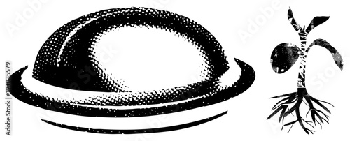 Classic bowler hat and young plant sprout rendered in halftone dots, vintage graphic style, isolated foreground elements, vector art, black and white design.