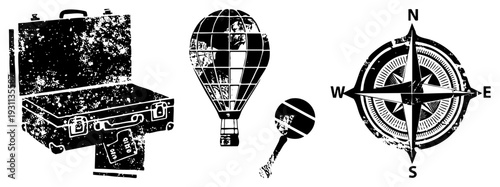 Retro travel symbols including open suitcase, hot air balloon, compass rose, magnifying glass, distressed texture, adventure theme.