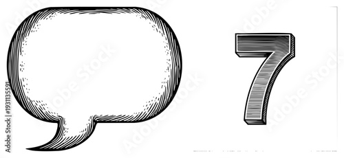 Graphic illustration of speech bubble and numeral seven, rendered in halftone style, isolated vector elements, comic book typography, dialogue, count symbol.
