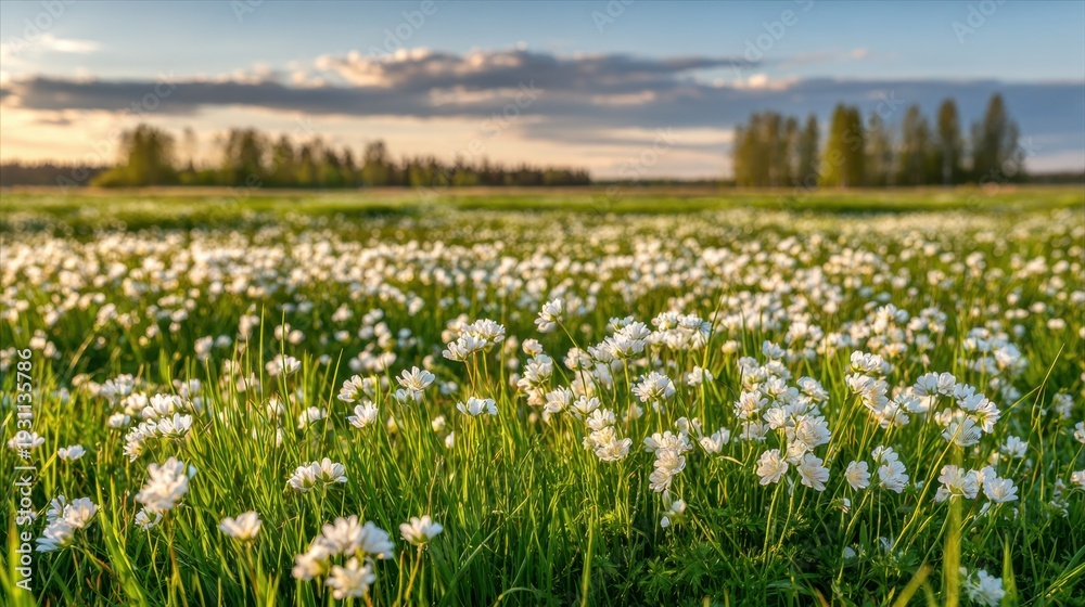 Fototapeta premium A field of white wildflowers in bright green grass
