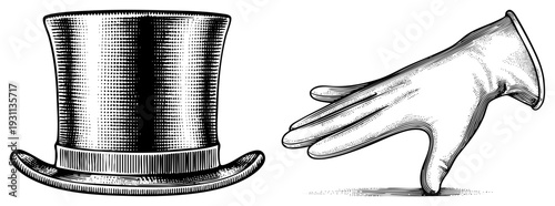 Classic magician’s top hat and gloved hand, vintage engraving style, theatrical props, stage performance, illusionist accessories.