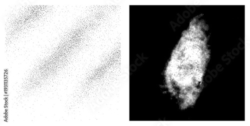 Black and white halftone gradient, stippling texture, dot density fade, print simulation, graphic design element, visual noise.