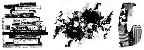 Stylized letterforms rendered in halftone, featuring chemical notation and fragmented shapes, vector art with bold graphic textures.