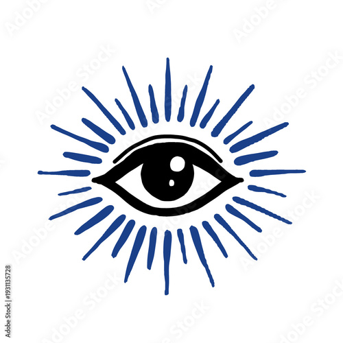 Canvastavla Hand drawn blue radiant eye doodle on black back