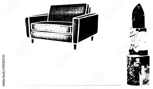 Retro armchair and lipstick rendered in halftone vector style, graphic design elements, black and white, textured, isolated objects, fashion and interior.
