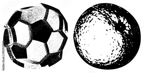 Football rendered in geometric panels with halftone texture, paired with abstract circular form, both in black and white vector art, graphic design elements.